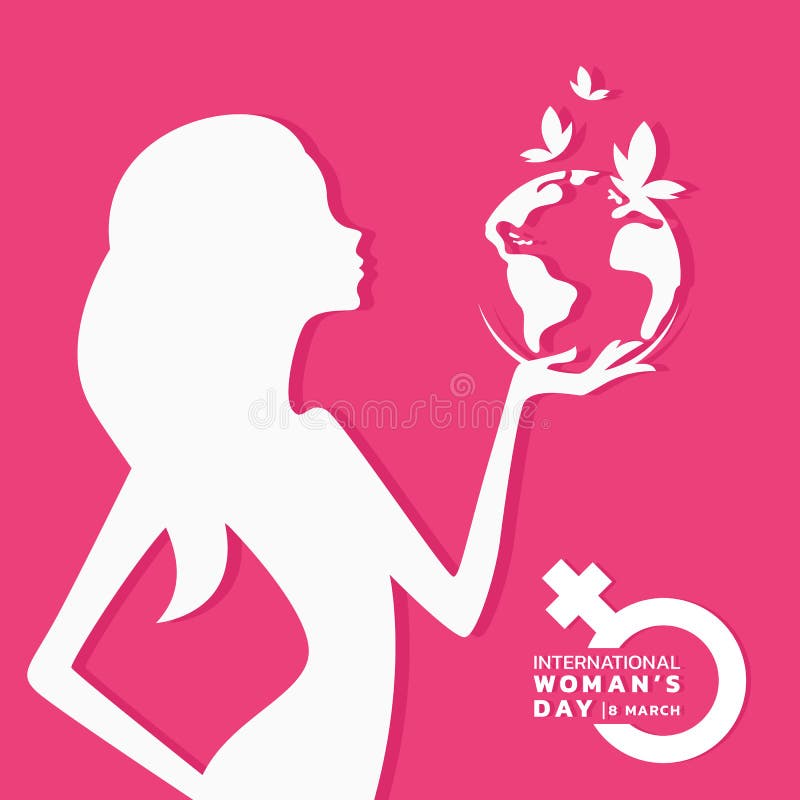 与白人妇女举行地球世界和蝴蝶标志的国际妇女天横幅在桃红色背景传染媒介设计