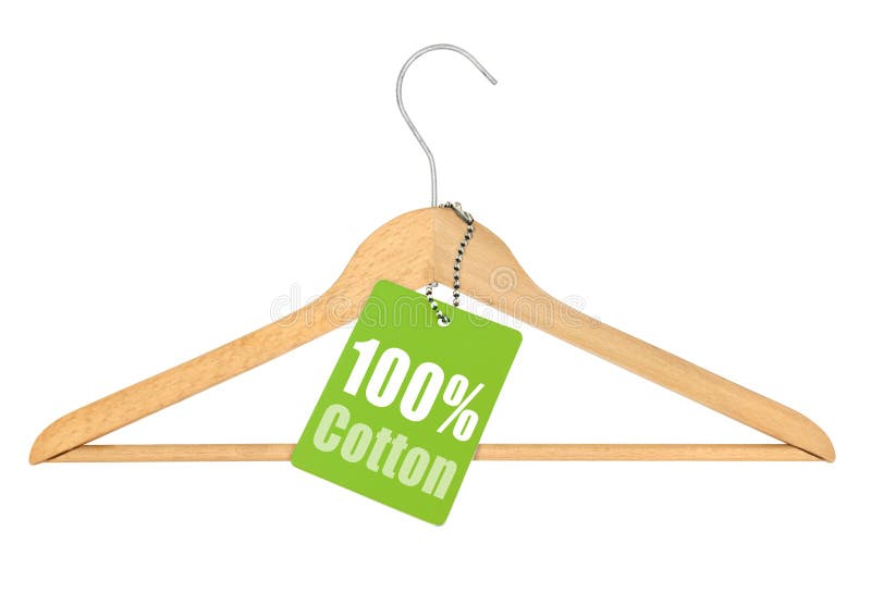 Coat hanger with hundred percent cotton tag isolated on white background. Coat hanger with hundred percent cotton tag isolated on white background