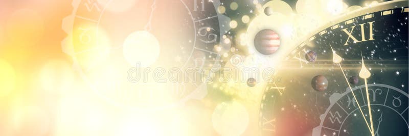 与的占星术黄道带时间和空间和行星和金光 免版税库存图片