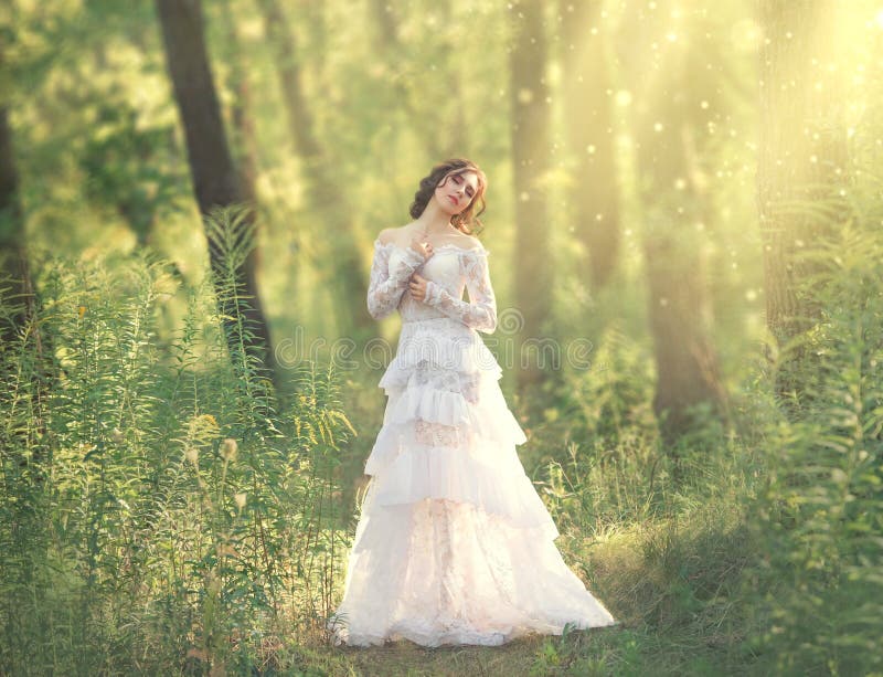与站立在早晨太阳的轻的森林、女神和神仙在温暖的光芒的,甜女孩里的黑发的迷人的秀丽 免版税库存照片 与站立在早晨太阳的轻的森林、女神和神仙在温暖的光芒的,甜女孩里的黑发的迷人的秀丽 免版税库存照片