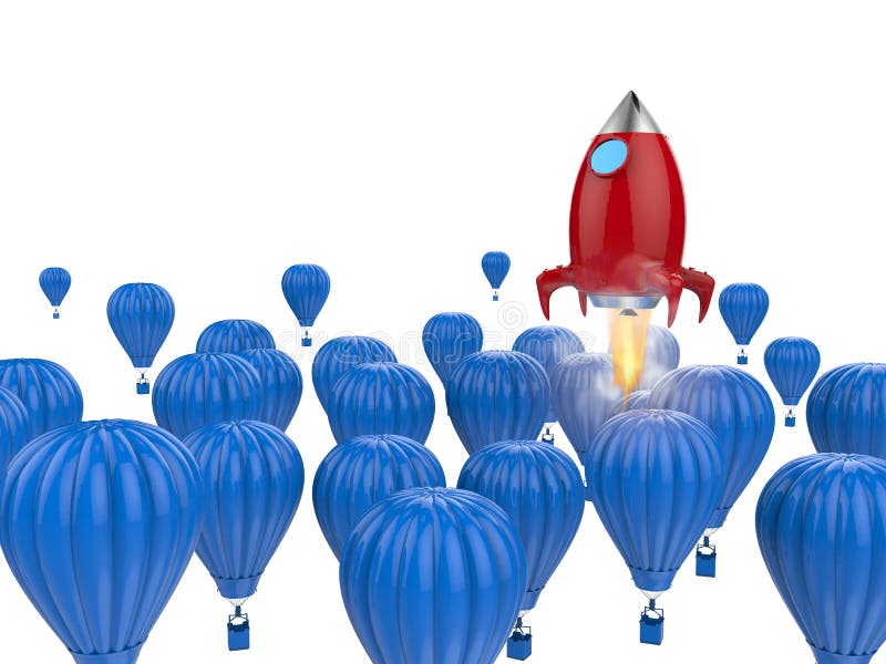 Leadership concept with 3d rendering red rocket above blue hot air balloons. Leadership concept with 3d rendering red rocket above blue hot air balloons