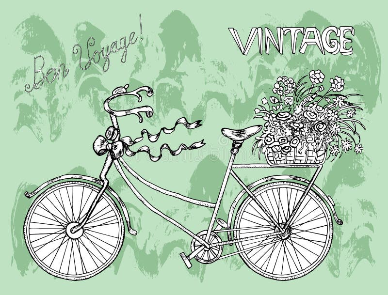 Vintage white bike with flowers and text on green background. Doodle line art illustration with hand drawn bicycle and other design elements. Vintage white bike with flowers and text on green background. Doodle line art illustration with hand drawn bicycle and other design elements
