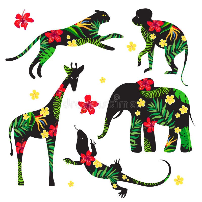Set silhouettes of wild animals with a tropical floral print. Decorative element. Monkey, leopard, elephant, giraffe, lizard. Clip art. Set silhouettes of wild animals with a tropical floral print. Decorative element. Monkey, leopard, elephant, giraffe, lizard. Clip art.