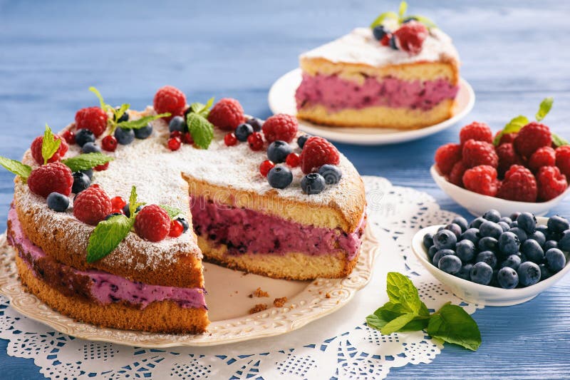 Delicious homemade cake with berry cheese cream. Delicious homemade cake with berry cheese cream