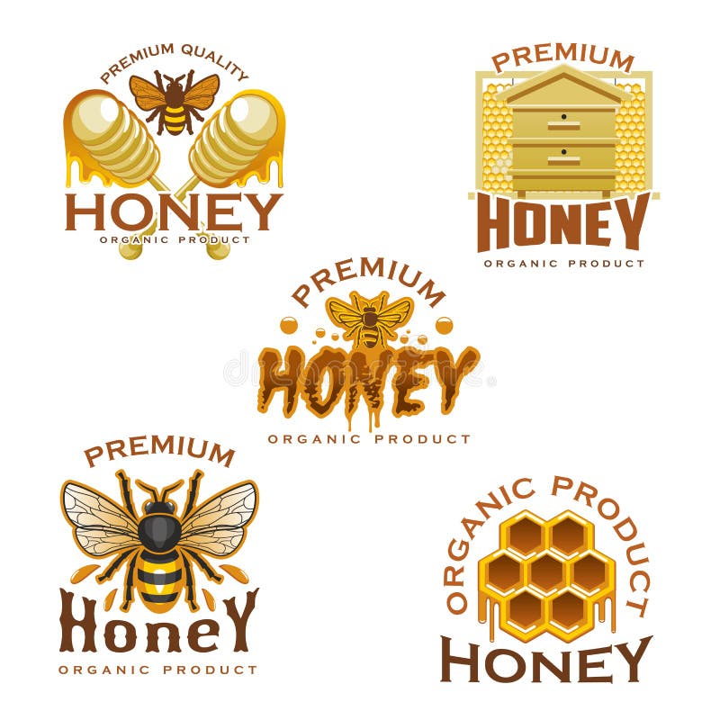 Honey icon with natural sweet food of beekeeping farm. Honey bee, honeycomb, wooden beehive and dipper symbol with honey drop and splashes for food packaging label or apiculture themes design. Honey icon with natural sweet food of beekeeping farm. Honey bee, honeycomb, wooden beehive and dipper symbol with honey drop and splashes for food packaging label or apiculture themes design