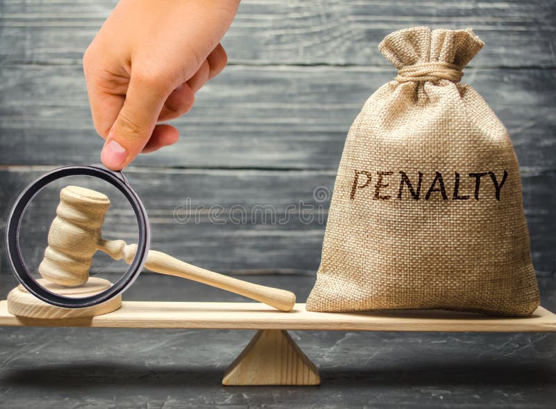Bag with the word Penalty and gavel on the scales. Penalty as a punishment for a crime and offense. Fraud. The court`s decision. Appeal. Cancellation of fines and financial penalties. Litigation