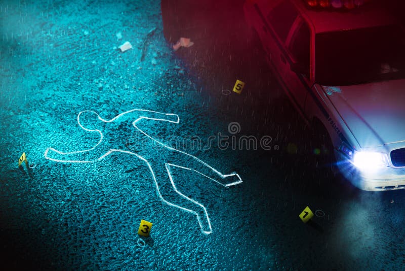 Crime scene with body outline, evidence markers and a police car with dramatic lighting. Crime scene with body outline, evidence markers and a police car with dramatic lighting