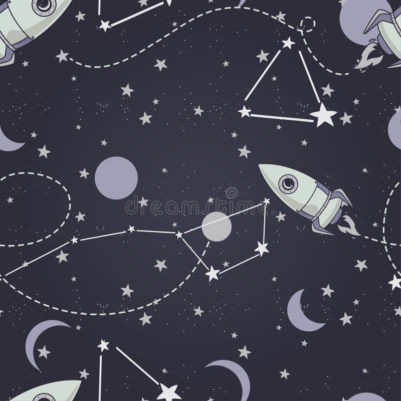 与逗人喜爱的乱画星座、行星、火箭和星的无缝的背景 库存例证