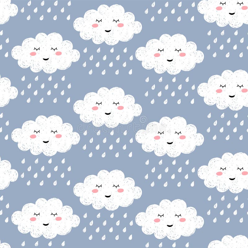与逗人喜爱的愉快的动画片kawaii云彩的无缝的样式在与雨下落的蓝色背景 作云彩传染媒介背景 皇族释放例证 与逗人喜爱的愉快的动画片kawaii云彩的无缝的样式在与雨下落的蓝色背景 作云彩传染媒介背景 皇族释放例证