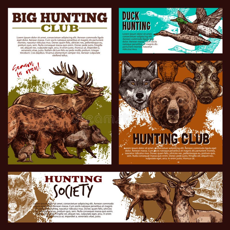 Hunting banner template with wild animal and bird sketch. Forest deer, duck and bear, wolf, reindeer and elk, boar and hare for duck hunting open season poster or hunter sport club promo flyer design. Hunting banner template with wild animal and bird sketch. Forest deer, duck and bear, wolf, reindeer and elk, boar and hare for duck hunting open season poster or hunter sport club promo flyer design