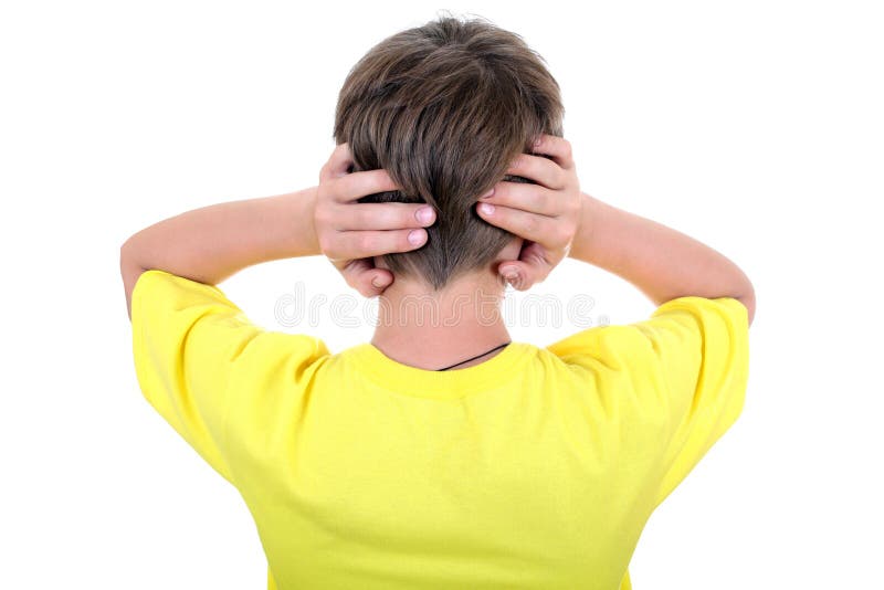 Rear view of a Kid with cover Ears Isolated on the White Background. Rear view of a Kid with cover Ears Isolated on the White Background