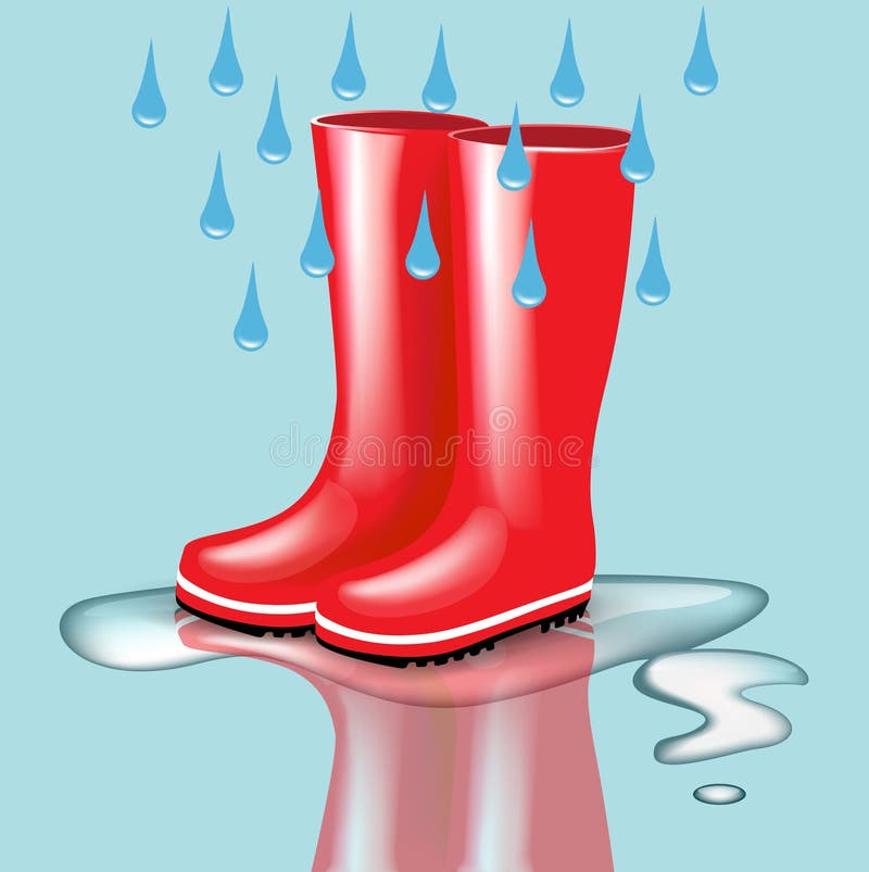 Red rubber boots with rain drops and splash on blue background. Red rubber boots with rain drops and splash on blue background