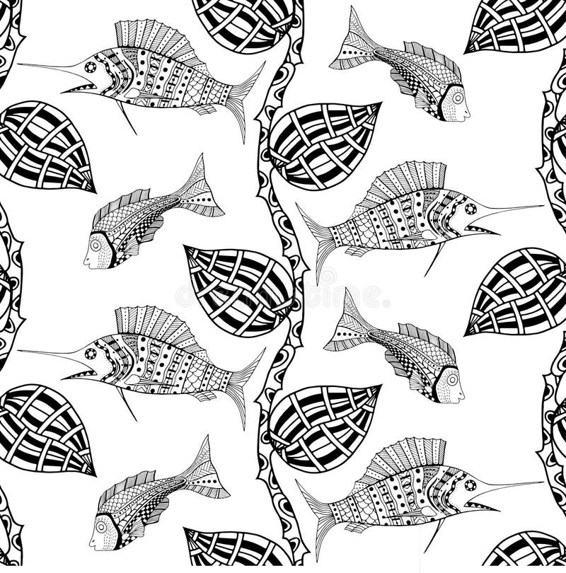 Seamless background of abstract fish: pipefish and small fish, plants, hand drawn style zentangl. Black and white vector illustration. Seamless background of abstract fish: pipefish and small fish, plants, hand drawn style zentangl. Black and white vector illustration.