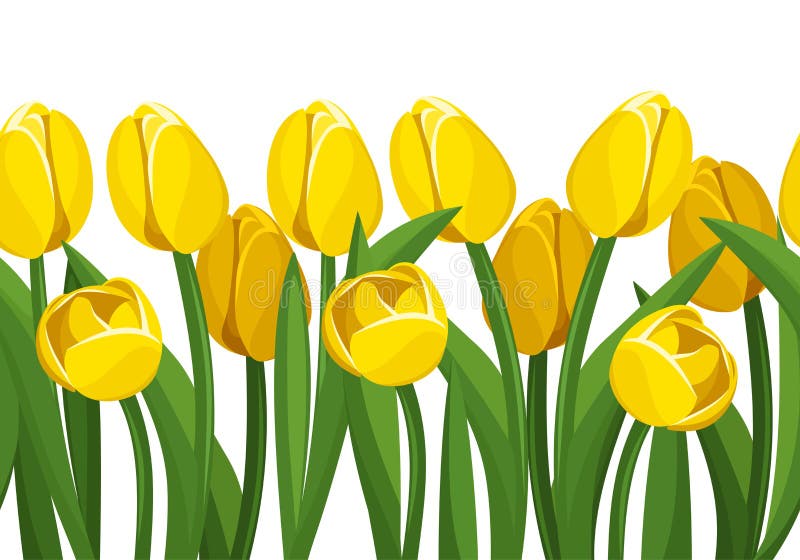 Vector horizontal seamless background with yellow tulips and green leaves on white. Vector horizontal seamless background with yellow tulips and green leaves on white.