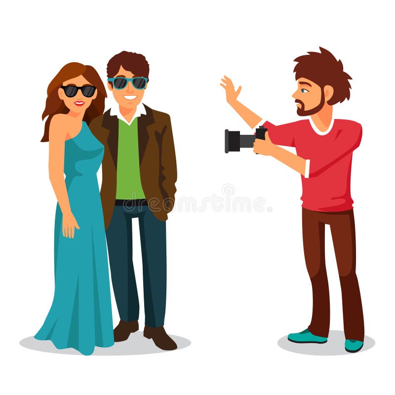 Professional photographer takes a photo of a beautiful celebrity couple. Flat style vector illustration on white background. Professional photographer takes a photo of a beautiful celebrity couple. Flat style vector illustration on white background.