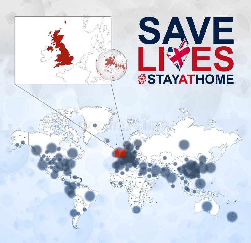世界冠状病毒病例图以英国,COVID-19病为主 用英国国旗标语拯救生命 皇族释放例证 世界冠状病毒病例图以英国,COVID-19病为主 用英国国旗标语拯救生命 皇族释放例证