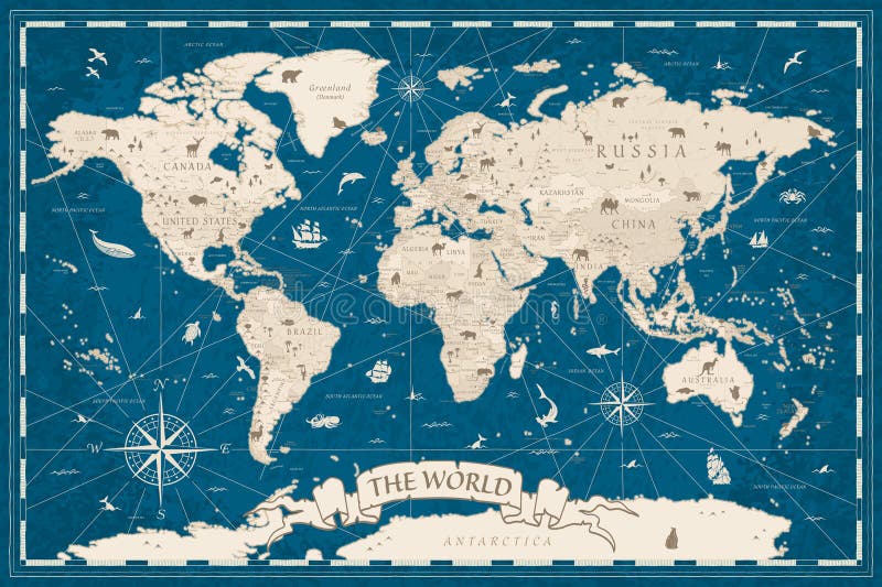 世界地图复古动画矢量图. 深蓝色和米色 库存例证