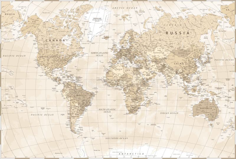 世界地图米色淡年代政治矢量图详细说明 皇族释放例证