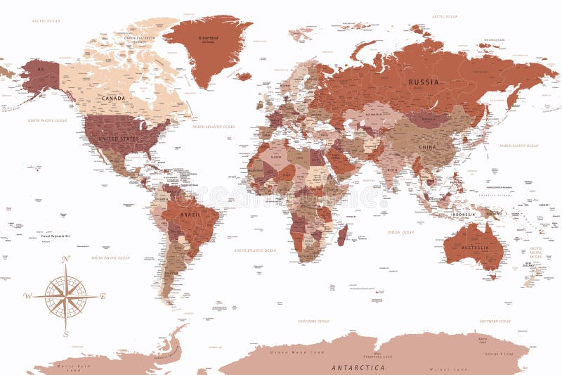 世界地图高度详细的矢量图地图. 是印刷海报的理想选择. 棕色褐色白色 向量例证