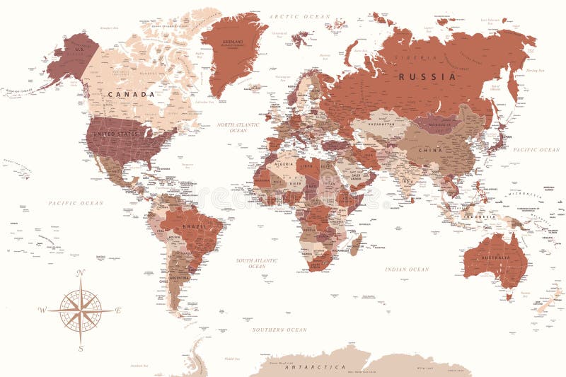 世界地图高度详细的矢量图地图. 是印刷海报的理想选择. 棕色褐色白色 皇族释放例证