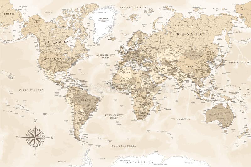 世界地图高度详细的矢量图地图. 是印刷海报的理想选择. 浅淡的复古色调. 复古风格 皇族释放例证