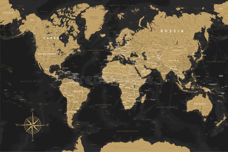 世界地图高度详细的矢量图地图. 是印刷海报的理想选择. 黑色金色米色复古风格. 带有救济 皇族释放例证