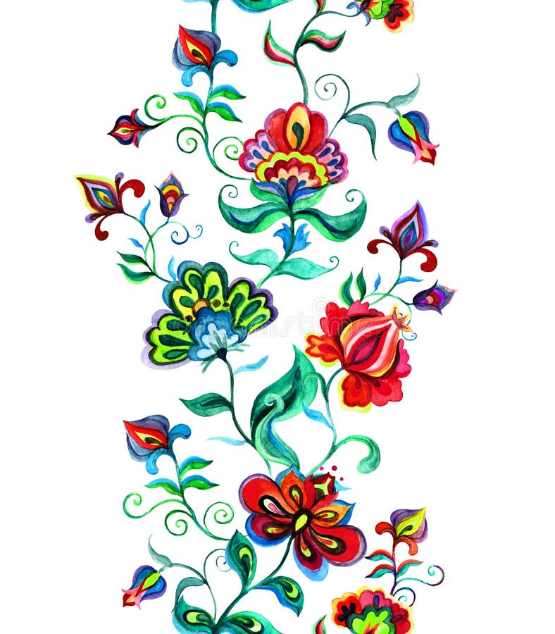 东欧花卉装饰-在黑暗的背景的装饰花 边界花卉无缝 水彩条纹 免版税库存照片 东欧花卉装饰-在黑暗的背景的装饰花 边界花卉无缝 水彩条纹 免版税库存照片