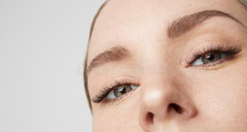 与大看照相机的蓝眼睛和黑暗的眼眉的特写镜头画象秀丽女性模型 与轻的裸体的模型做 库存图片 与大看照相机的蓝眼睛和黑暗的眼眉的特写镜头画象秀丽女性模型 与轻的裸体的模型做 库存图片
