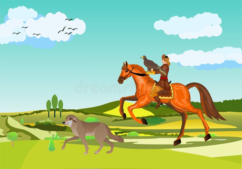 两kazakEagle猎人在狩猎的游牧人哈萨克人，老鹰狩猎场面，马的，狗人 免版税库存图片
