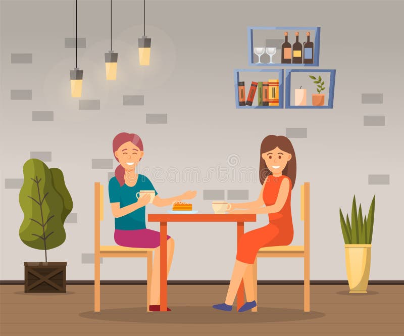 两个女孩坐在咖啡厅，和朋友聊天，和一杯咖啡一起度过闲暇时光