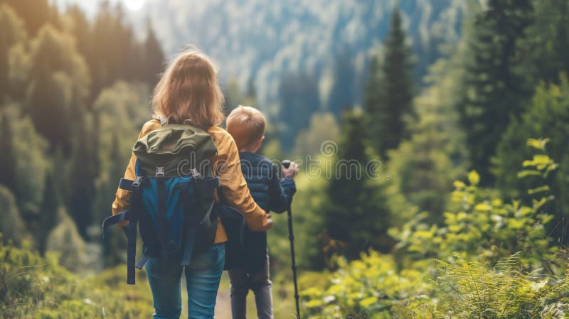 Two children hiking in a lush forest, gazing into the distance, equipped with backpacks and walking sticks illustration by generative ai. Two children hiking in a lush forest, gazing into the distance, equipped with backpacks and walking sticks illustration by generative ai