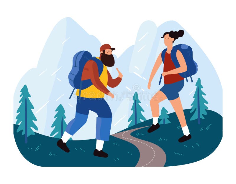 Two hikers trekking mountain path amidst forest scenery, man woman hiking backpacks, outdoor adventure illustration. Young adults exploring nature, couple hiking gear trail, cartoon style depiction. Two hikers trekking mountain path amidst forest scenery, man woman hiking backpacks, outdoor adventure illustration. Young adults exploring nature, couple hiking gear trail, cartoon style depiction