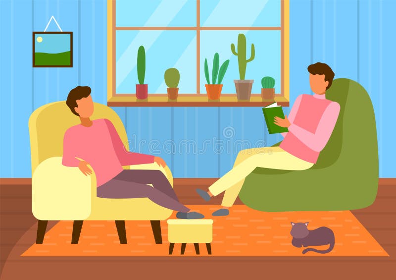两个男人坐在扶手椅里，在家放松，男人看书，家里活动，闲暇时间
