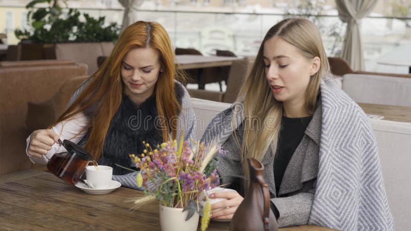 两个白人女朋友坐在咖啡馆里聊天，喝着热茶 年轻女性放松