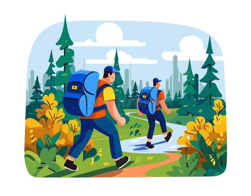 Two men hiking through forest, trekking towards city skyline, wearing backpacks caps, surrounded trees plants. Hikers exploring nature, walking path green park, active lifestyle, outdoor adventure. Two men hiking through forest, trekking towards city skyline, wearing backpacks caps, surrounded trees plants. Hikers exploring nature, walking path green park, active lifestyle, outdoor adventure