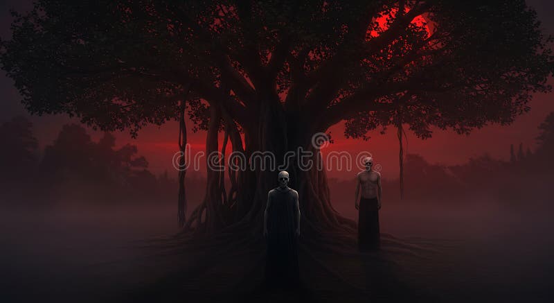两人站在一棵大树前，树根扭曲，茂密 向量例证
