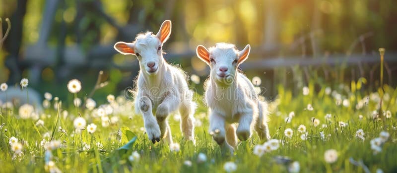 Two baby sheep, known as kids, joyfully running through a lush field of green grass in the springtime. AI generated. Two baby sheep, known as kids, joyfully running through a lush field of green grass in the springtime. AI generated