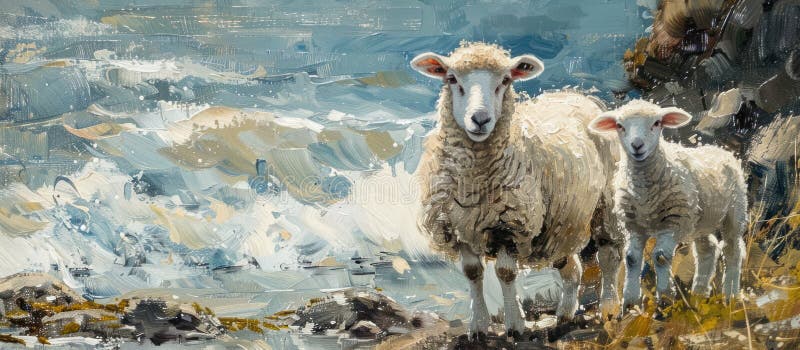 A painting depicting two sheep, an adult and a lamb, standing on a rocky shore in Llangrannog, Wales. AI generated. A painting depicting two sheep, an adult and a lamb, standing on a rocky shore in Llangrannog, Wales. AI generated