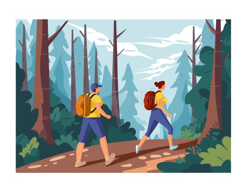 Two hikers trekking through dense forest, male female explorers backpacks. Couple enjoying hiking adventure, mountainous landscape background. Nature lovers walking trail, serene woodland. Two hikers trekking through dense forest, male female explorers backpacks. Couple enjoying hiking adventure, mountainous landscape background. Nature lovers walking trail, serene woodland