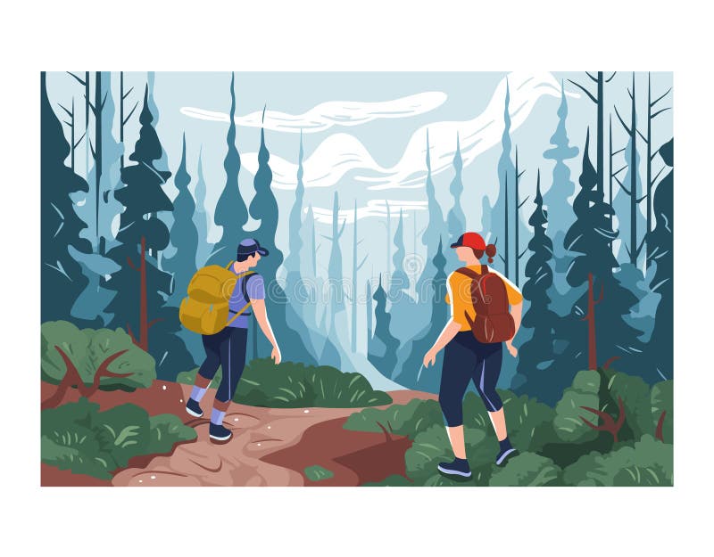 Two hikers trekking through dense forest, male female explorers backpacks. Couple enjoying hiking adventure, mountainous landscape background. Nature lovers walking trail, serene woodland. Two hikers trekking through dense forest, male female explorers backpacks. Couple enjoying hiking adventure, mountainous landscape background. Nature lovers walking trail, serene woodland