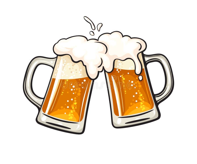 Two toasting beer mugs, Cheers. Clinking glass tankards full of beer and splashed foam. Vector illustration isolated on white background. Two toasting beer mugs, Cheers. Clinking glass tankards full of beer and splashed foam. Vector illustration isolated on white background.