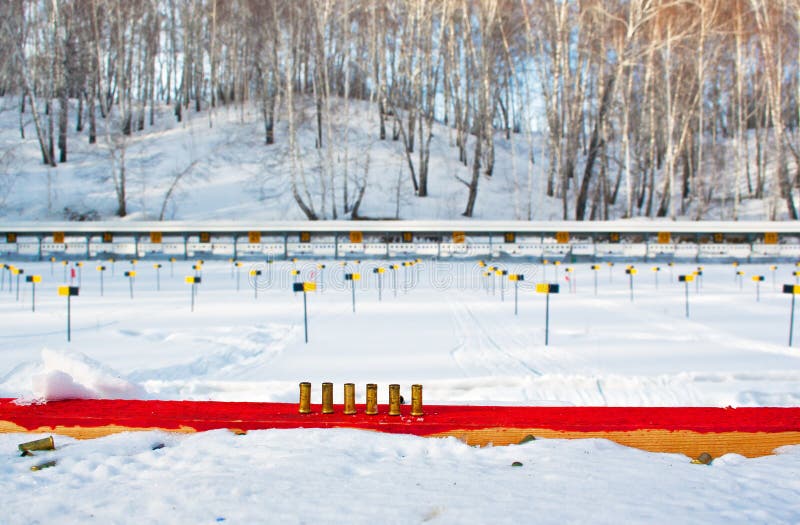 Biathlon shooting range in whinter forest. Biathlon shooting range in whinter forest