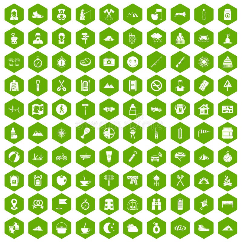 100 family camping icons set in green hexagon isolated vector illustration. 100 family camping icons set in green hexagon isolated vector illustration