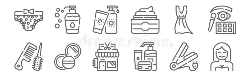 Set of 12 beauty cosmetics icons. outline thin line icons such as woman, skincare, powder, dress, suncream, soap bottle. Set of 12 beauty cosmetics icons. outline thin line icons such as woman, skincare, powder, dress, suncream, soap bottle.