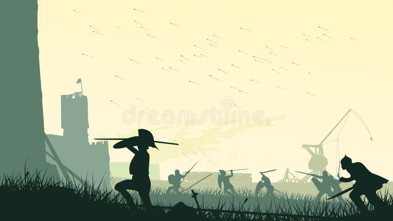 Horizontal vector illustration of swordsmen, spearmen and trebuchet assault of medieval castle. Horizontal vector illustration of swordsmen, spearmen and trebuchet assault of medieval castle.