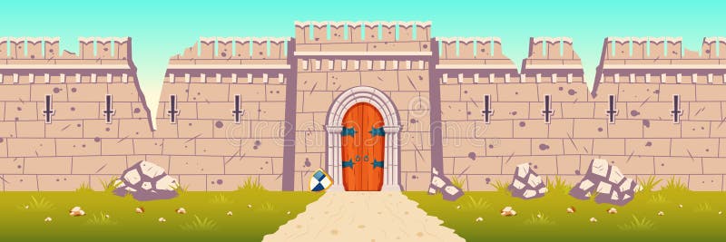 Medieval castle broken, ruined stone walls. Citadel after enemies attack or siege during war. Strong defence concept. Ancient fortress ruins with holes in wall, closed gate cartoon vector illustration. Medieval castle broken, ruined stone walls. Citadel after enemies attack or siege during war. Strong defence concept. Ancient fortress ruins with holes in wall, closed gate cartoon vector illustration