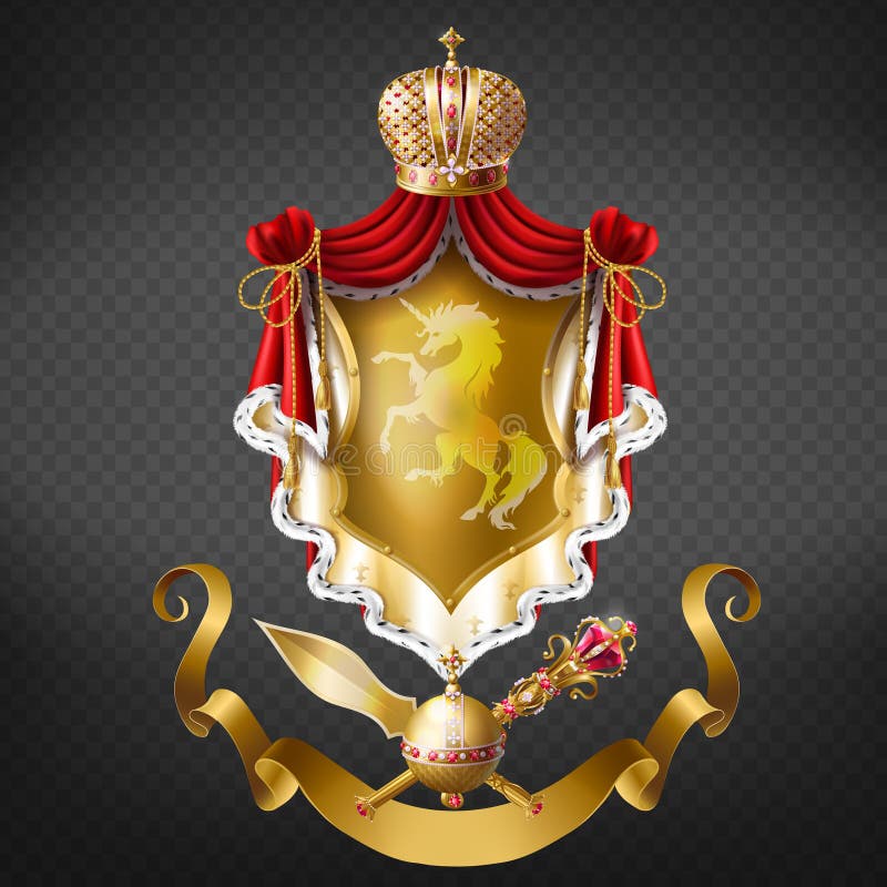 Kings coat of arms, royal heraldic emblem realistic vector. Precious crown, red mantle, cloak with ermine fur, rearing unicorn on golden shields and crossed spear and inlaid gems scepter illustration. Kings coat of arms, royal heraldic emblem realistic vector. Precious crown, red mantle, cloak with ermine fur, rearing unicorn on golden shields and crossed spear and inlaid gems scepter illustration