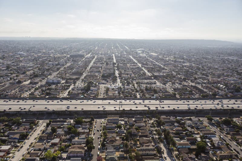 Smoggy aerial of sprawling south Central Los Angeles and the Harbor 110 freeway. Smoggy aerial of sprawling south Central Los Angeles and the Harbor 110 freeway.