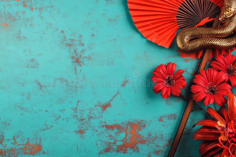 中国农历新年的场景是一条金蛇和一只折叠纸扇，背景是蓝色背景， 免版税库存照片