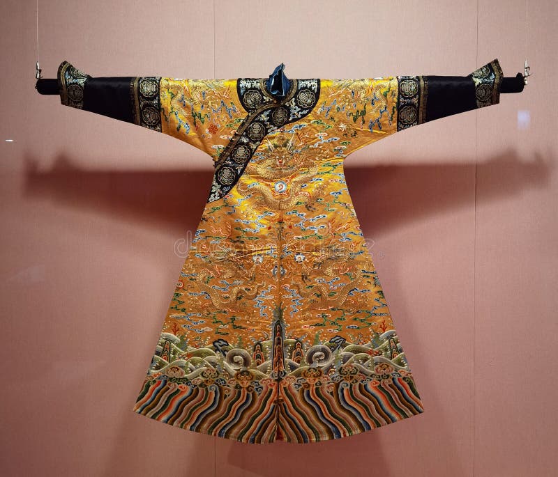 China Stately Demeanour Qing Emperor Yongzheng Gold Yellow Female Robe Golden Dragons Eight Treasures Costume Pattern Palace Museum Wardrobe. China Stately Demeanour Qing Emperor Yongzheng Gold Yellow Female Robe Golden Dragons Eight Treasures Costume Pattern Palace Museum Wardrobe.